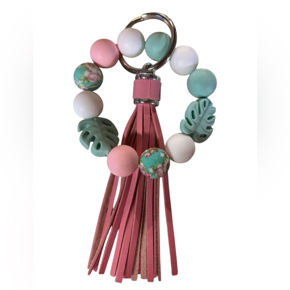 SOLD Pink and Sea-foam Green Palm Frond Silicone Bead Keychain